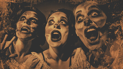 Three actors in mime makeup express exaggerated surprise, with a dark, textured backdrop enhancing their spooky appearance. - obrazy, fototapety, plakaty