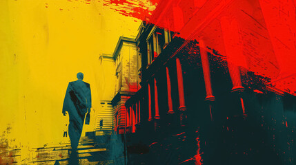Stylized figure walks in solitude against a red and yellow abstract cityscape, evoking a sense of mystery.