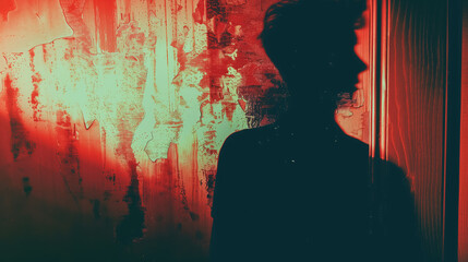 Dark silhouette of a person is highlighted by a grunge-textured red backdrop, creating an intense and mysterious portrait.
