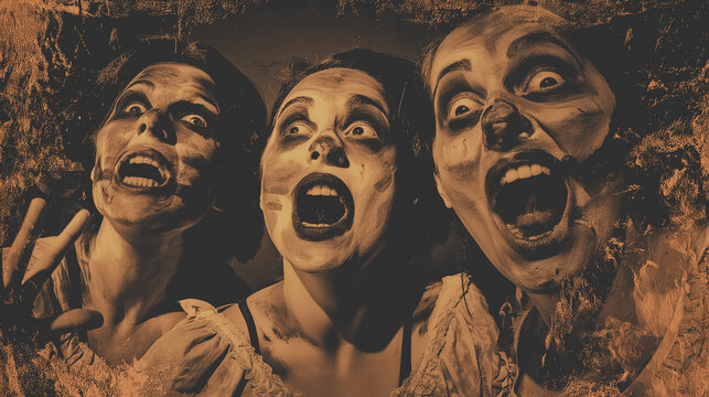 Three actors in mime makeup express exaggerated surprise, with a dark, textured backdrop enhancing their spooky appearance.