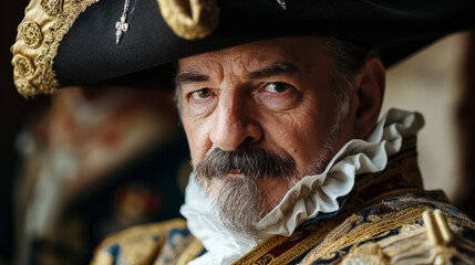 Man dressed as a pirate captain, his intense gaze commanding attention amidst richly detailed...