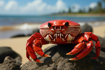 An adorable red crab wearing a beach hat, strolling along a sandy beach on a white background.