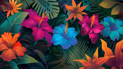 Electric blue and fuchsia blooms on jungle green, capturing the wild essence of the tropics. - obrazy, fototapety, plakaty