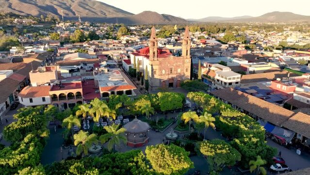 Aerial view of the Parish of Our Lady of the Assumption in Tangancicuaro city, Michoacan, Mexico