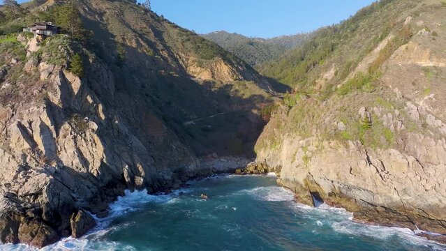 Drone footage of the rugged stretch of Big Sur on California's central coast on a sunny day, USA
