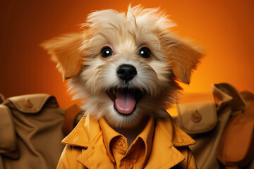 An adorable puppy wearing a stylish modern outfit, playfully rolling on a solid orange background, creating a heartwarming and realistic image. - obrazy, fototapety, plakaty