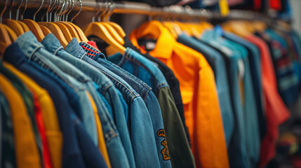Row of colorful jackets hangs on a rack in a clothing store, showing a variety of styles and shades.