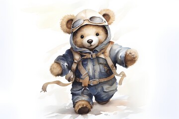 Fototapeta premium Watercolor illustration of a teddy bear dressed as an aviator