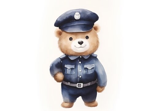 Cute teddy bear in police uniform. Watercolor illustration.