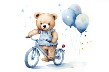 Watercolor teddy bear riding a bicycle with balloons on a white background