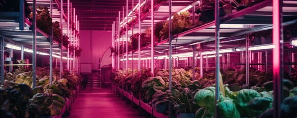 Hydroponic grow rack bathed in the glow of a purple LED light, promoting healthy indoor farming.