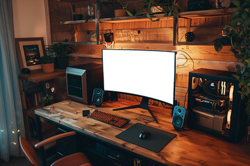 Workspace with mockup computer screen on table