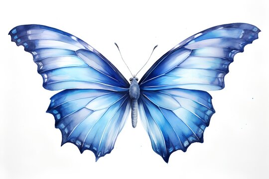 Blue butterfly isolated on white background. Watercolor hand drawn illustration.