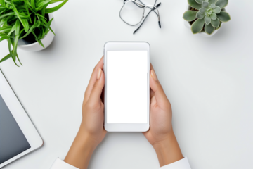 Top view of human hand holding smart phone with touch screen. Blank screen for mockup