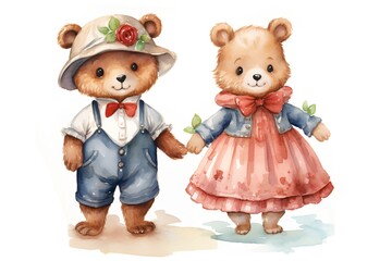 Watercolor illustration of a boy and a girl dressed as a bear