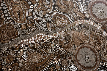 Australian Aboriginal dot painting style art dreamtime story of bush tucker food in neutral tones.