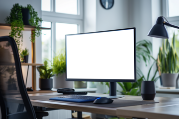 Workspace with mockup computer screen on table