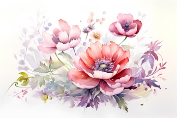 Beautiful watercolor card with anemone flowers. Illustration