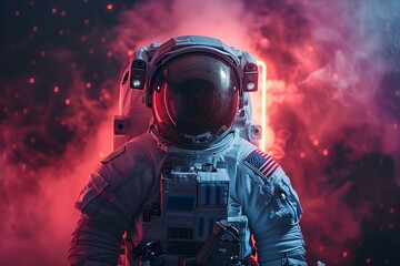 Astronaut Enshrouded in Neon Haze. Concept Space Exploration, Neon Lights, Astronaut, Futuristic Setting, Sci-Fi Aesthetics
