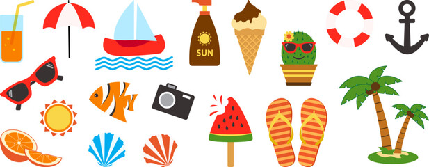 Summer icon, cartoon vacation set, cute tropical sticker. Funny summertime item. Watermelon, boat, ice cream, palm tree, fruit, lifebuoy, sun isolated on white background. Bright vector illustration