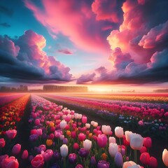 tulip field at sunset