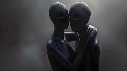 Midnight companions in shadowy embrace,a sanctuary from isolation description:In the depths of the shadowy night,two huggable,ethereal companions - obrazy, fototapety, plakaty