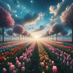 Fotobehang field of tulips and blue sky © dtfashion7