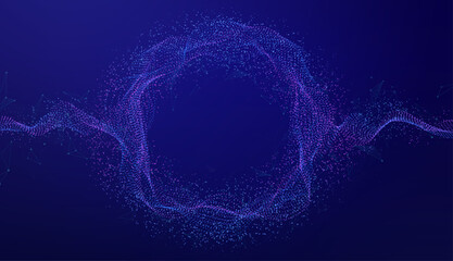 Abstract wave burst of glowing dot particles, neural networks. Digital technology background of wireless big data transmission, internet network, network security.