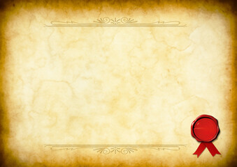 Blanko Vorlage Urkunde Zertifikat Dokument Diplom A4  altes Papier Papyrus Pergament gelb braun Papierrolle, Rand dunkler, Design Retro Chabby Chic, Hintergründe antikes rotes Wachs Siegel mit Band 