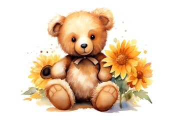 Teddy bear with sunflower bouquet. Watercolor illustration.