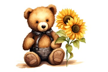 Teddy bear with sunflower. Watercolor illustration on white background.