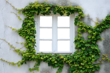 The walls of the house are white with empty windows covered with vines. Ivy grows covering the walls
