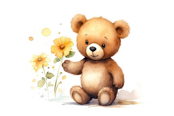 Cute teddy bear with flowers. Watercolor hand drawn illustration