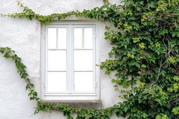 The walls of the house are white with empty windows covered with vines. Ivy grows covering the walls