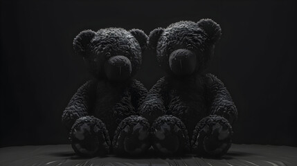Obsidian Duo - Plush Teddy Bears Casting Comforting Shadows in Isolated Darkness - obrazy, fototapety, plakaty