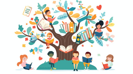Obraz na płótnie Canvas School tree of knowledge and children education. Happy