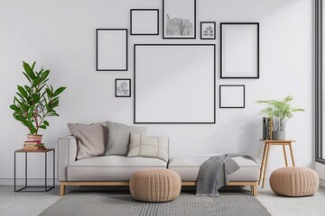 Set of posters and frame mockups displayed on a wall in a living room with neutral wall colors and contemporary furnishings. 