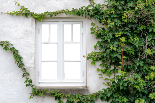The walls of the house are white with empty windows covered with vines. Ivy grows covering the walls