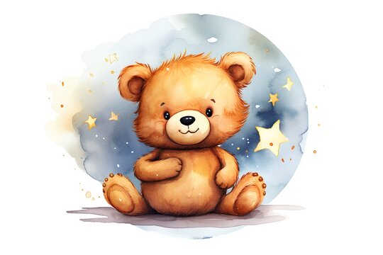 Cute teddy bear, watercolor illustration on white background.