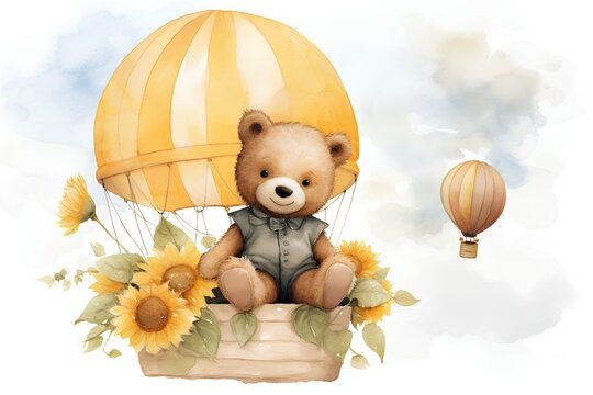 Watercolor illustration of a cute teddy bear in a hot air balloon with sunflowers.