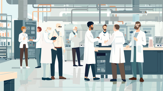 Scientific engineers wearing lab coats inspecting or vector