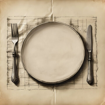 Teller mit Messer und Gabel als Essgeschirr Gedeck für Mittagessen oder Abendbrot Besteck für Essen im Restaurant als Zeichnung auf altem Papier Mahlzeit Essbesteck in schwarz weiß