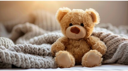 A brown teddy bear in a bed with warm, velvety fur