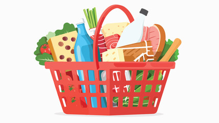 Shopping basket full of groceries. Natural food meat 