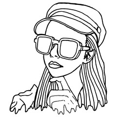 Summer Theme Woman Wearing Sunglasses Line Art Vector