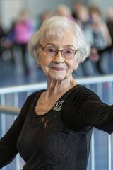 A group of seniors enjoying a lively dance class in a contemporary studio.