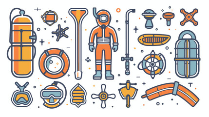 Diving and freediving equipment boats thin line icons