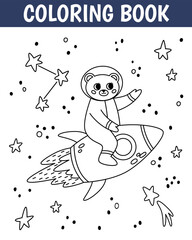 Cute bear in open space coloring page. Animal astronaut in space suits. Printable worksheet with solution for school and preschool. Vector cartoon illustration.