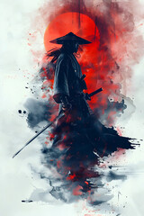 Resolute Samurai Confronting the Undead in a Dramatic Watercolor