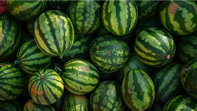 watermelons at the market, fruit in market or farm concept, on top view of a group of watermelon fruits closely packed together in basket